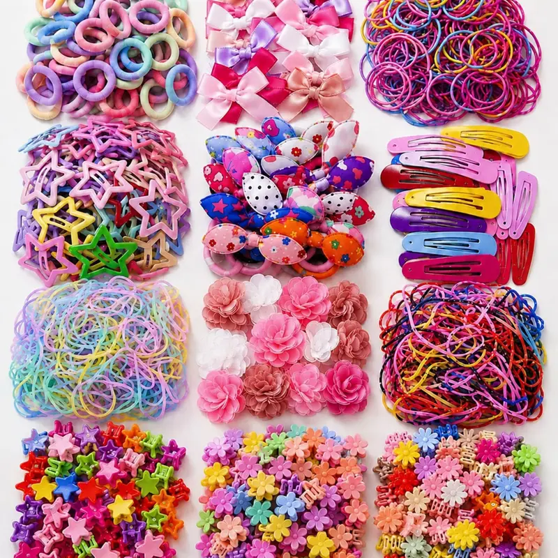 Girls Hair Accessory Set, 870/852/555pcs Bows, Flowers, Stars Hair Clips, Ties & Barrettes, Cute Princess Style for Kids Hair Decor