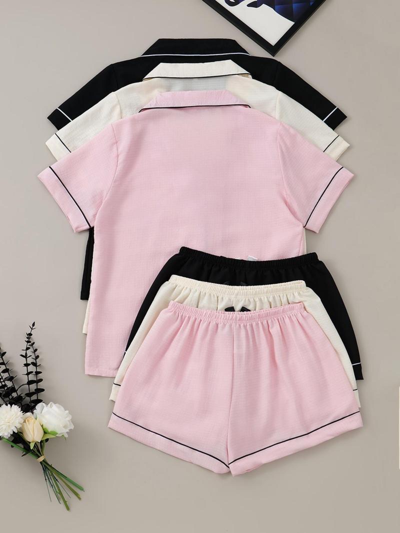 Women's Heart Embroidery Short Sleeve Top & Shorts Pyjama Set, Casual Comfy Pj Set for Women, Women's Sleepwear & for All Seasons, Pajama Set, Sleepwear Pajamas Set