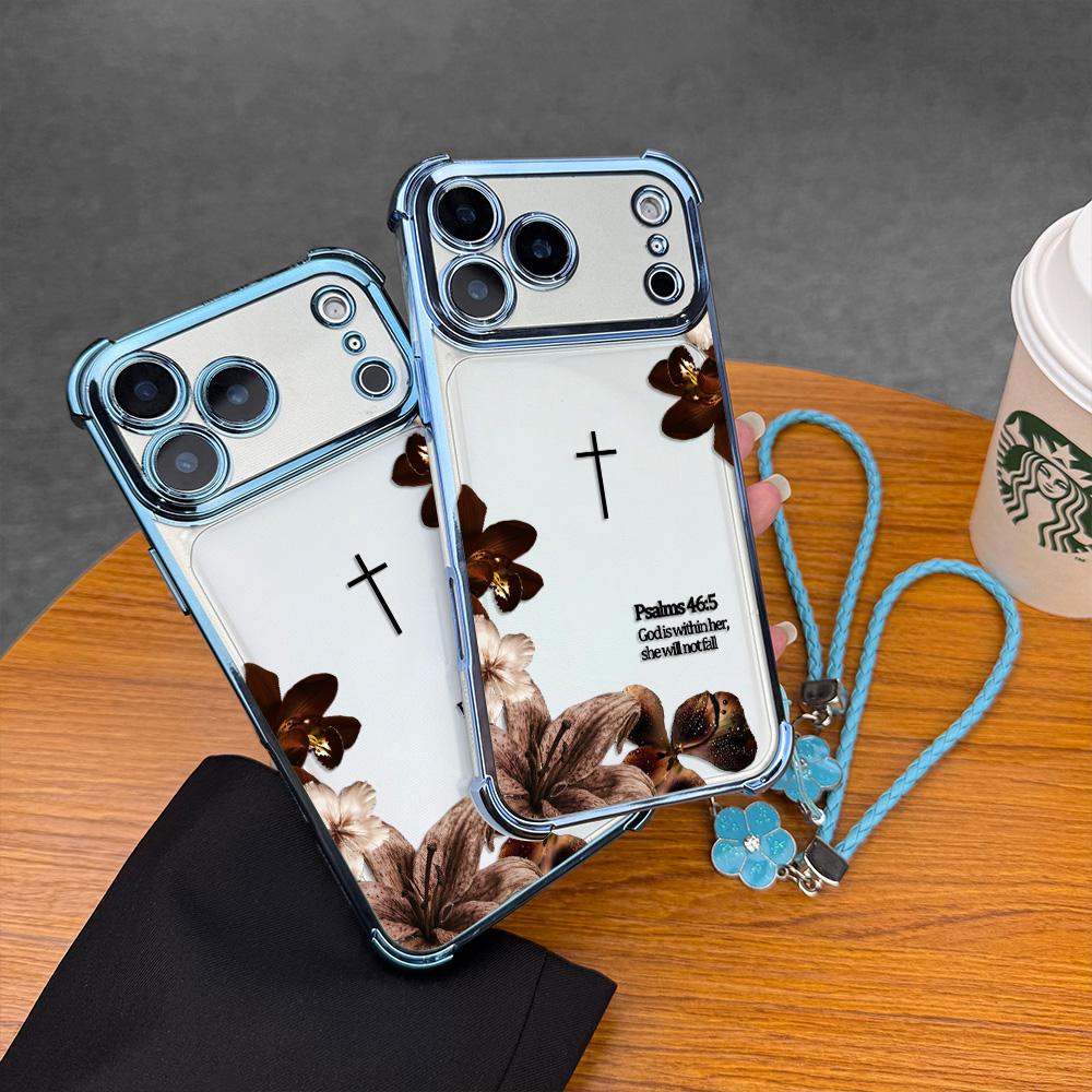 Premium Plating Edge Bible Verse Case With Hand Strap For iPhone Samsung Galaxy 17Pro Max Air 16 15Plus 14 13 12 11 XR XS S25 S24 S23 S22 Aesthetic Cross Floral Case For Religious Women Daily Decor.NN129