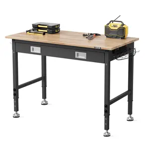 Heavy Duty Adjustable Workbench with Drawer, 48x24in Rubberwood Work Table, 6-Height 2000LB Workstation with ETL Power Strip Pegboard for Garage Workshop DIY Projects