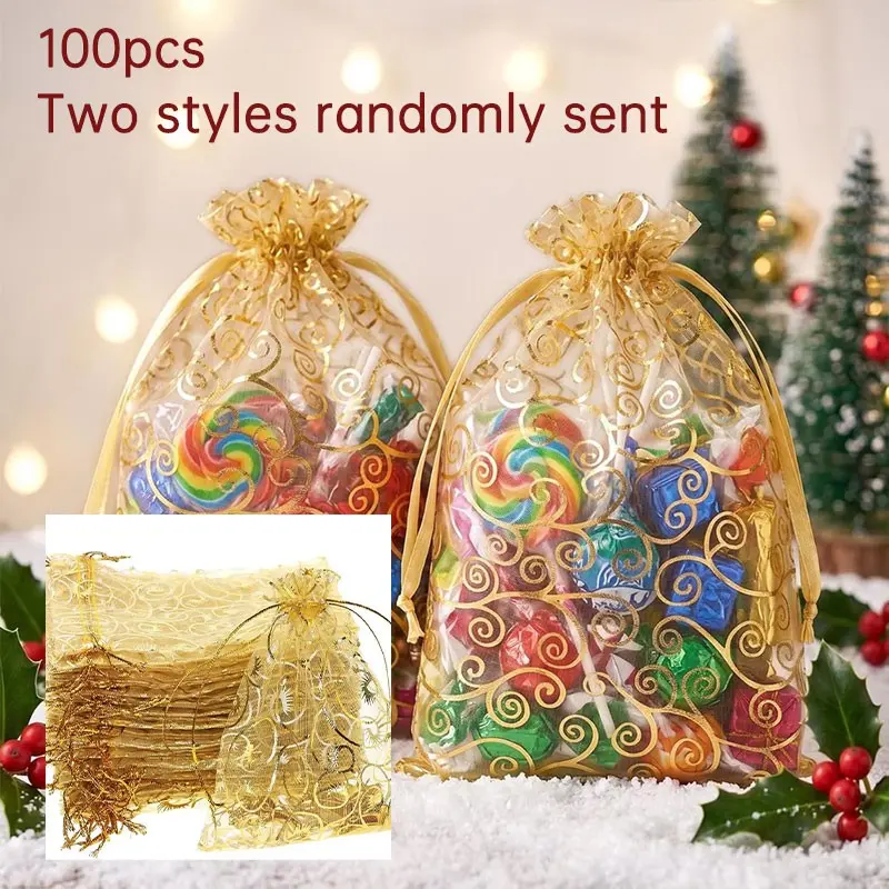 100pcs Printed Organza Gift Bags, Reusable Transparent Drawstring Jewelry Pouches, Party Favor Bags for Weddings, Baptisms, Graduations, Holidays