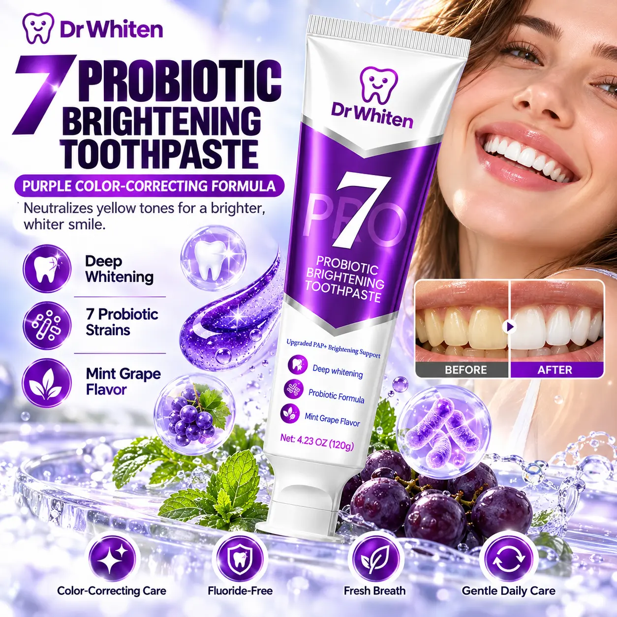 DrWhiten New 7-Pro Probiotic Purple Toothpaste | Upgraded Purple Formula with 7 Probiotics |  Fresh Breath | Helps Balance the Appearance of Yellow Tones