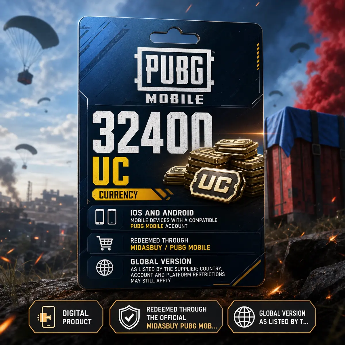 PUBG MOBILE 32400 UC Digital Code, Currency, iOS and Android mobile devices with a compatible PUBG MOBILE account, Midasbuy / PUBG MOBILE, Global version as listed by the supplier