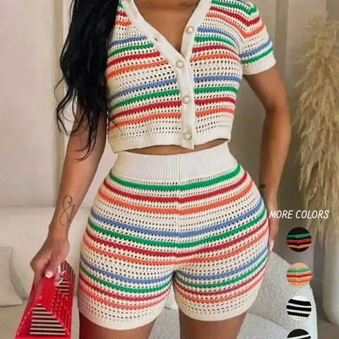 Women's Colorblock Striped Print Button Front Crop Cardigan & High Waist Shorts Sweater Co-ord Set, Casual Short Sleeve Collared Top & Skinny Shorts for Summer, Short Sets
