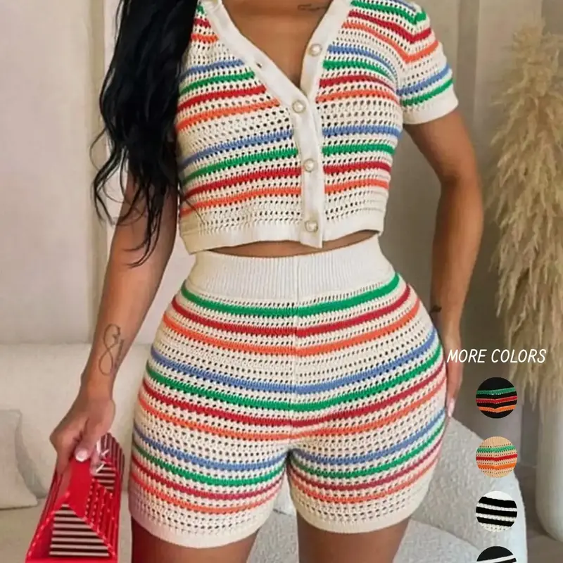 Women's Colorblock Striped Print Button Front Crop Cardigan & High Waist Shorts Sweater Co-ord Set, Casual Short Sleeve Collared Top & Skinny Shorts for Summer, Clothing Set