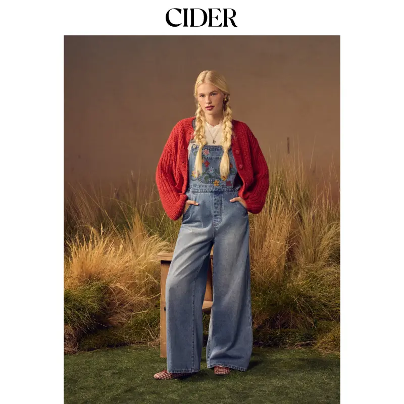 Cider Stretch Denim Low Rise Floral Embroidery Oversized Wide Leg Overalls