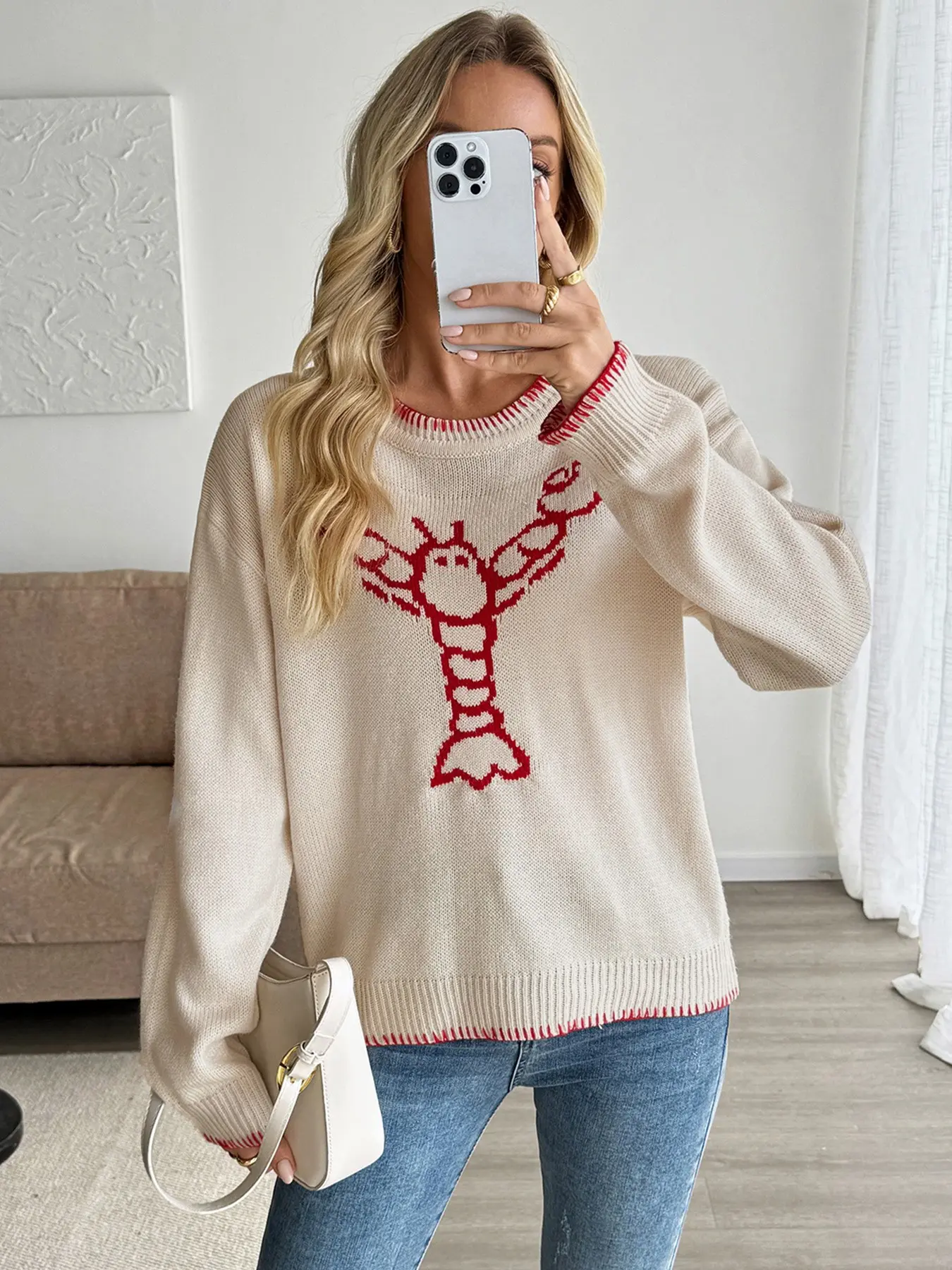 Korean Style Lazy Look Lobster Jacquard Colorblock Knit Sweater Knitwear for Women, Trendy and Comfortable Pullover, Perfect for Casual Wear