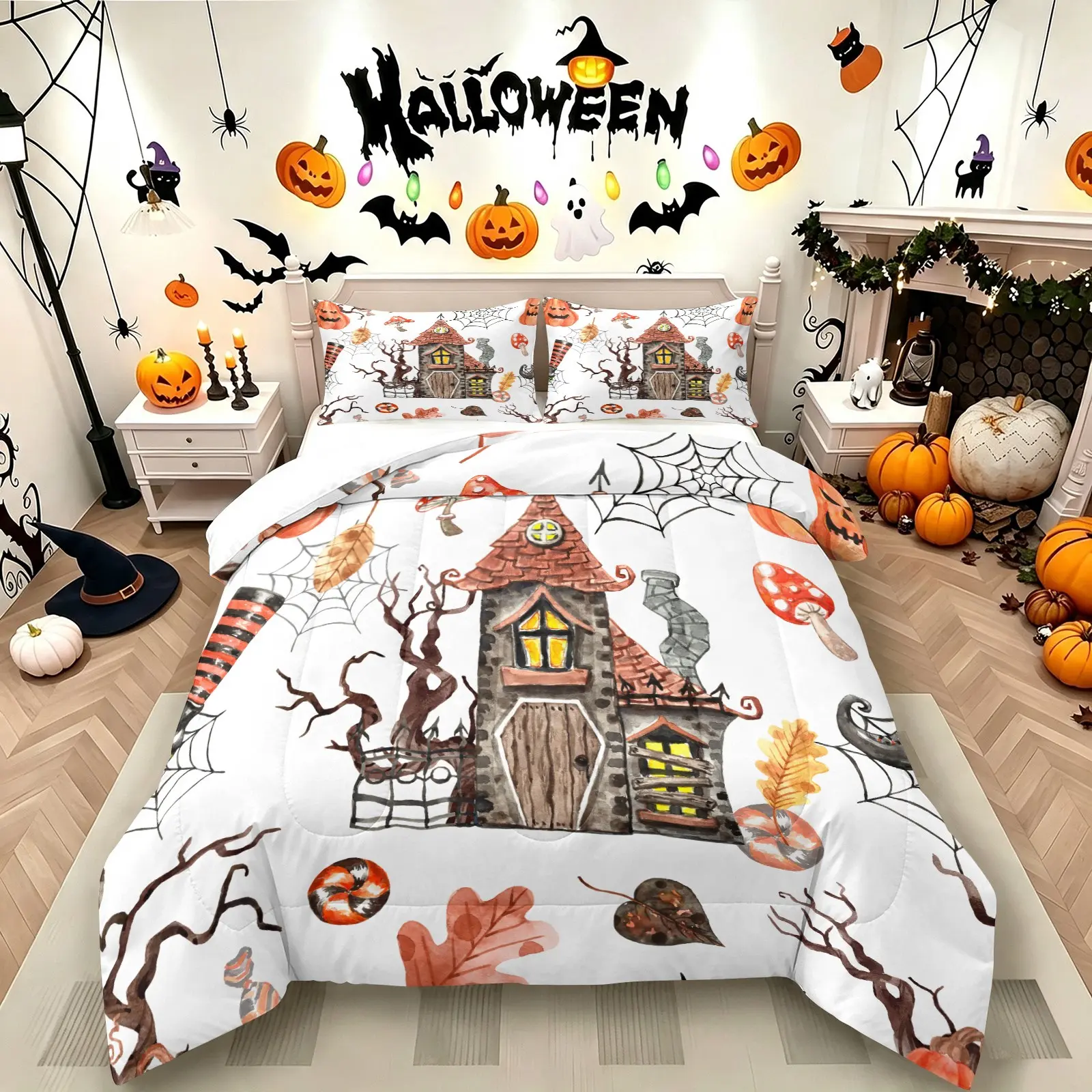 Watercolor Spooky Haunted House Halloween Comforter Set & 1-2 Coreless Pillowcases, Vintage Jack-o'-lantern, Spider Web, Dead Tree, Witch Stockings & Fall Leaves Print. Soft Lightweight All-season Bedding, Perfect For Halloween Party Room Decor