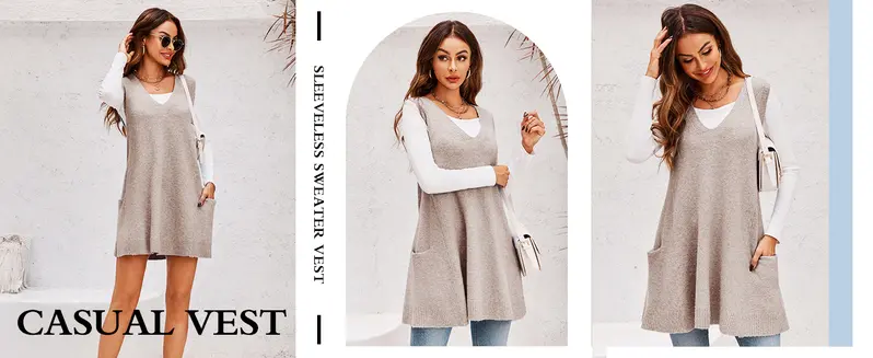Imily Bela Womens Sleeveless Sweater Vest V Neck Casual Loose Knit A Line Flattering Tunic Top with Pockets Fashion Vest Sleeveless Sleeveless Minimalist Style
