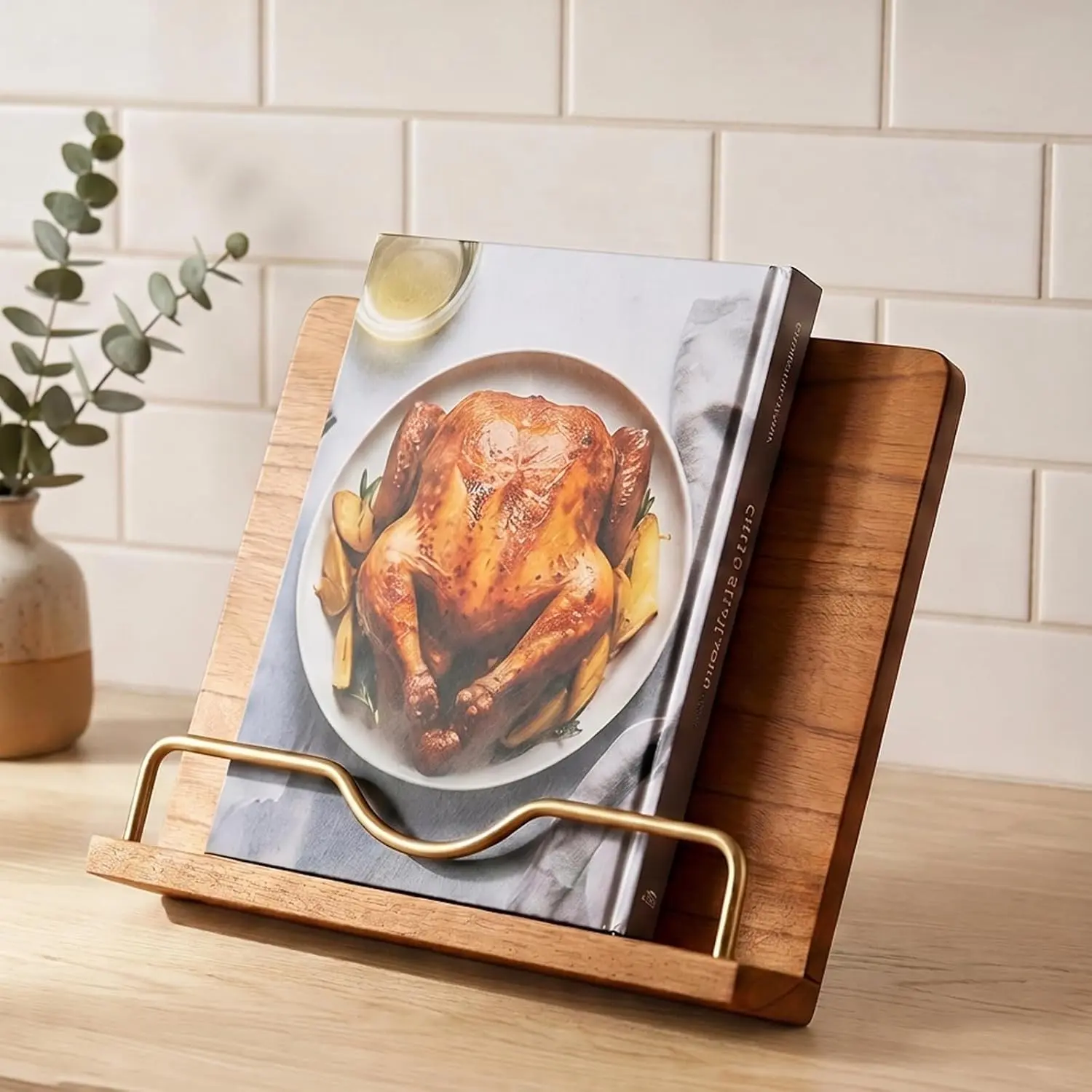 Cookbook Stand Holder for Kitchen Counter Decor - Wooden Recipe Book Holder | 11"L×9"H Cook Book Stand with Metal Page Holder for Rustic Farmhouse Kitchen Decor, Hands-Free for Convenient Cooking