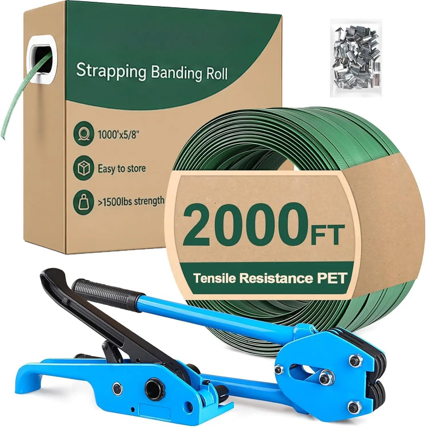 Banding Strapping Kit | Pallet Strapping Kit with Tensioner Tool | Heavy Duty Banding Tool 1500lbs Break for Banding Bulky Items Warehouses|Factories | 5/8" W*1000' L Poly Strapping|100 Seals