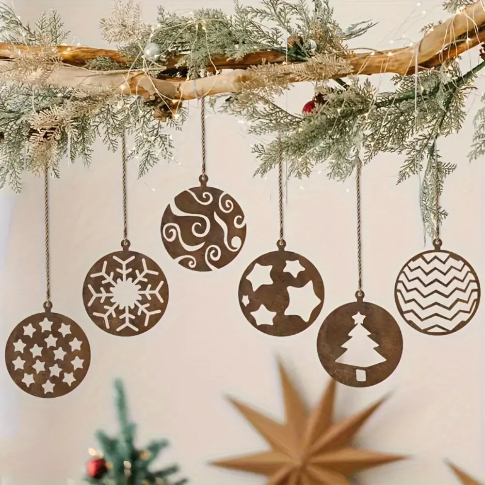 HELLOYOUNG,6-Piece Rustic Metal Christmas Tree Ornaments - Vintage Hanging Glass Beads with Snowflake, Star & Zigzag Patterns - Perfect for Holiday Home Decor, Housewarming Celebrations & Christmas Festivities.Hanging Ornaments