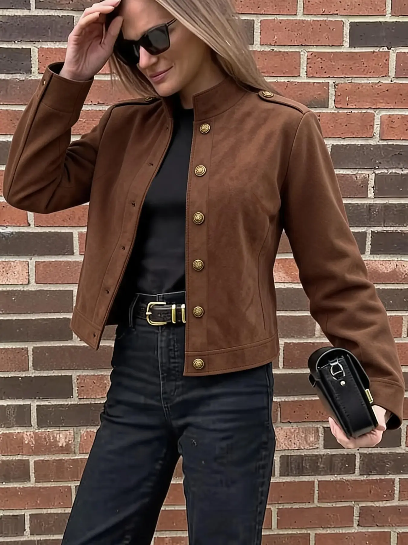 Vintage Stand Collar Suede Texture Short Jacket for Women, Autumn Metal Button Slim Fit Waistcoat, Retro Style Coat for Petite Sizes