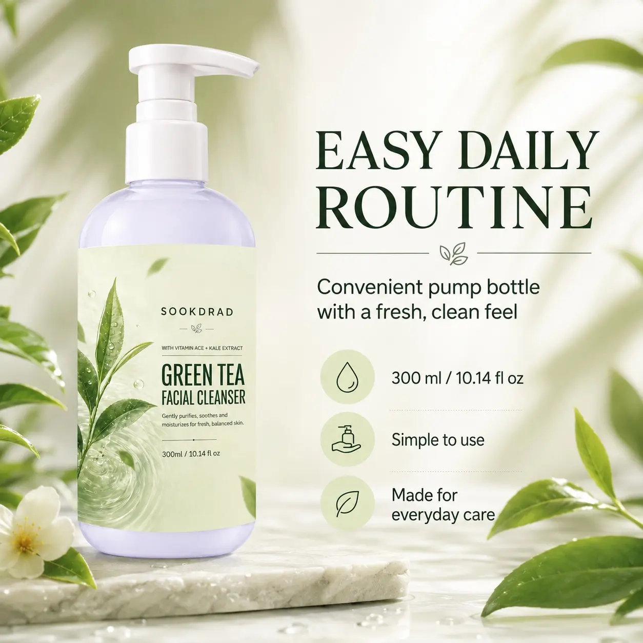 Green Tea Facial Cleanser, with Vitamin A C E, Kale Extract, gentle purification, soothing, moisturizing, for face, all skin types, fresh balanced skin, 300ml/10.14 fl oz