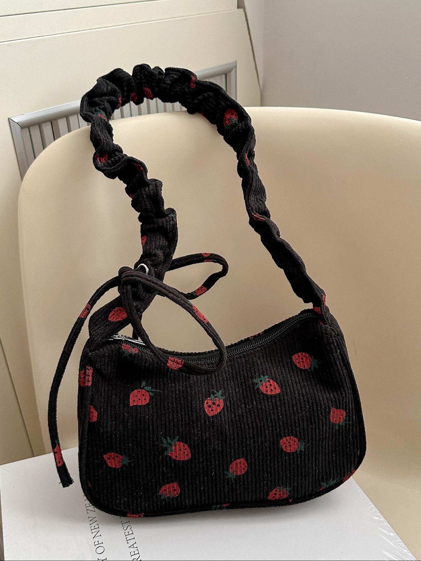 Cute Strawberry Print Underarm Bag, Drawstring Design, Soft Casual Fruit Pattern Shoulder Clutch, Versatile Handbag for Women