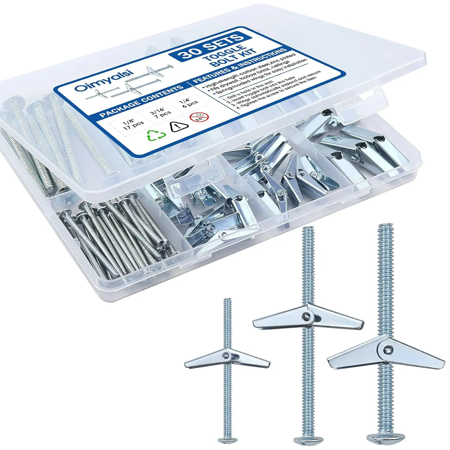 30 Sets Toggle  for Drywall, Heavy Duty Metal Drywall Anchors Kit – 1/4", 3/16", 1/8" Butterfly Anchors and Screws for Hollow Wall, Sheetrock, Ceiling Mounting