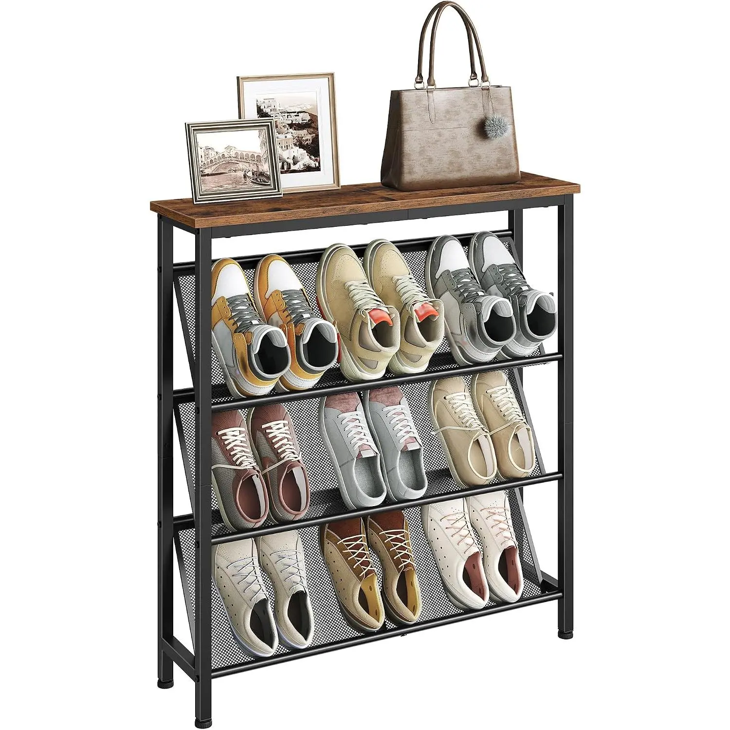 Shoe Rack, 4-Tier Slanted Shoe Storage Shelf, Narrow Shoe Rack for Entryway, Shoe Organizer with Adjustable , Slim Shoe Shelf with Wooden Top and Metal Frame Rustic Brown and Black TXJ75BF