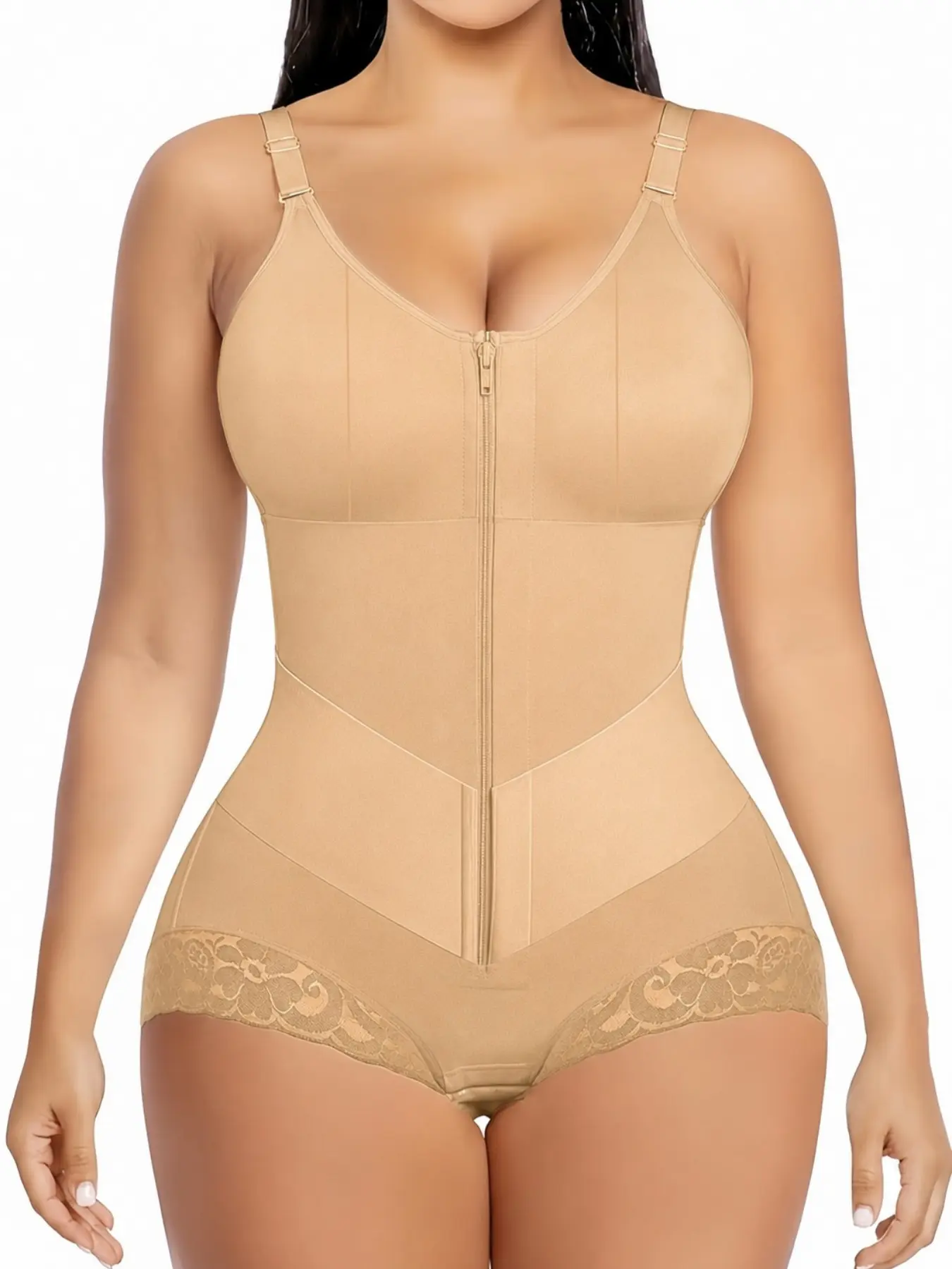 Colombian Shapewear Bodysuit, Fajas, Underwear, Body Shaping Underwear, V-Shapewear Belts Shapewear Adjustable Shoulder Strap, Jumpsuit With Front Zipper & Inner Hooks, Body Shaper, Butt Lifting And Tummy Control, Suitable For Daily Wear Or Gym