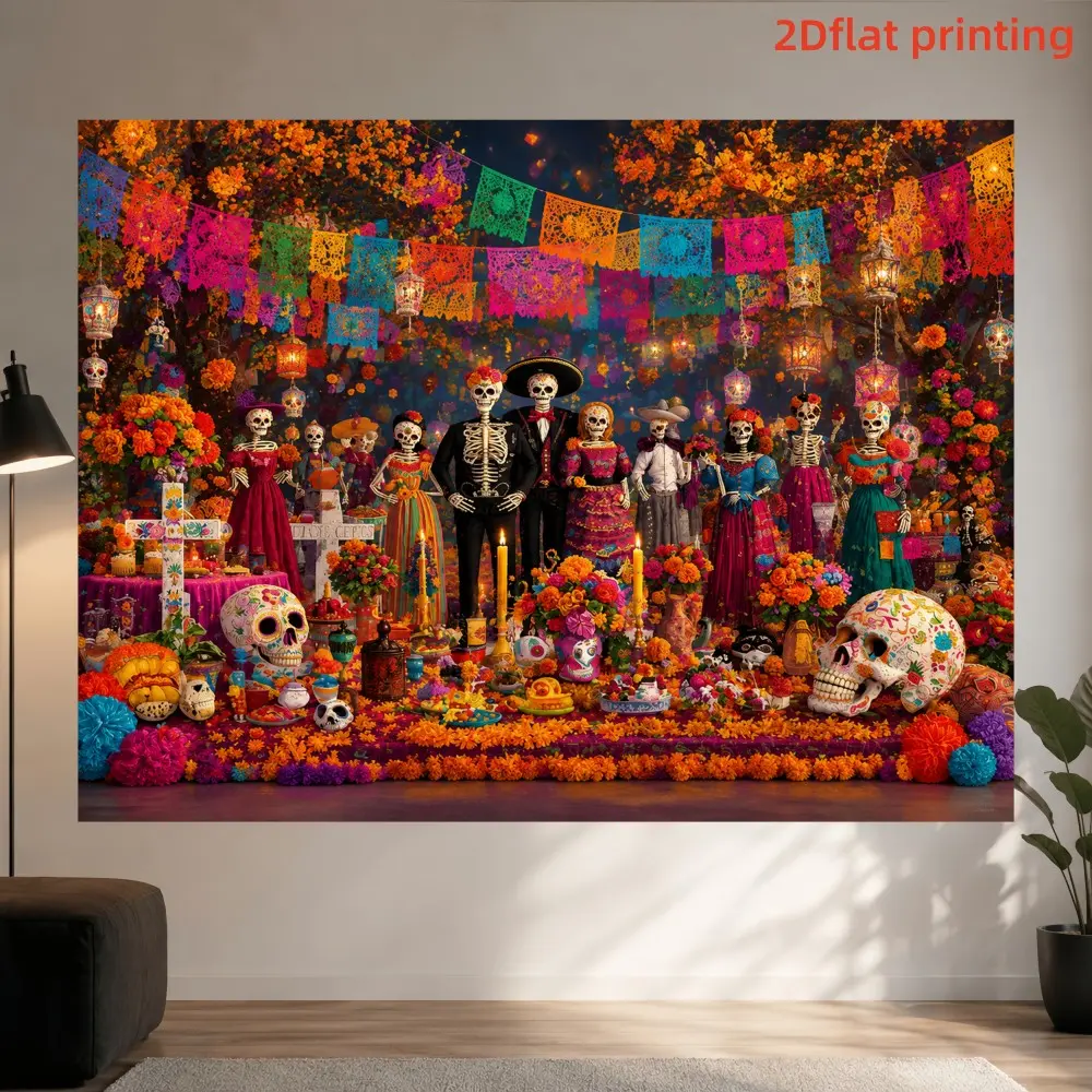2D flat 1pc Mexican Day of the Dead altar background hanging cloth, Polyester Backdrop Banner, decorated with skull family prints, marigolds and paper cuts, suitable for home decoration, party layout, photography wall