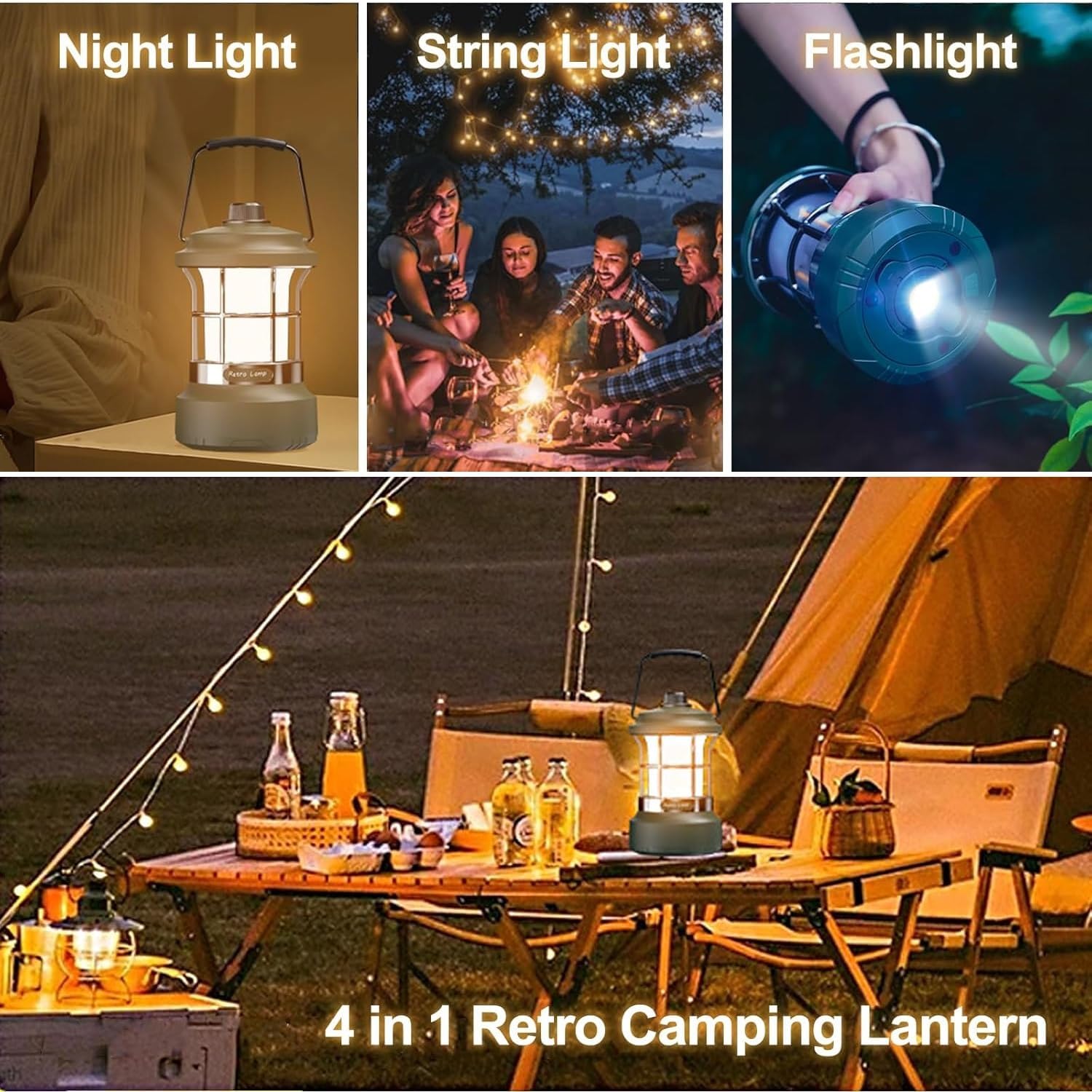 Multi-Functional Camping Lamp with Flashlight and String Light Features, Waterproof Retro Outdoor Lantern for Emergency Use, Portable Rechargeable Hanging Light