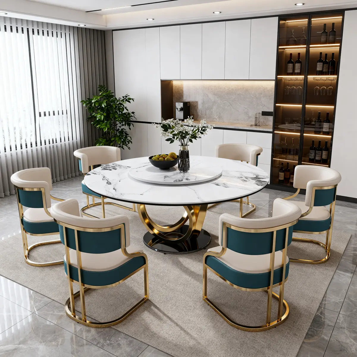59 in Round Stone Top Dining Set with 360° Rotating Lazy Susan, Scratch-Heat Resistant Sintered Tabletop, 6 Gold-Plated Iron Cushioned Chairs for Dining Room, Compact Space W2699S00148