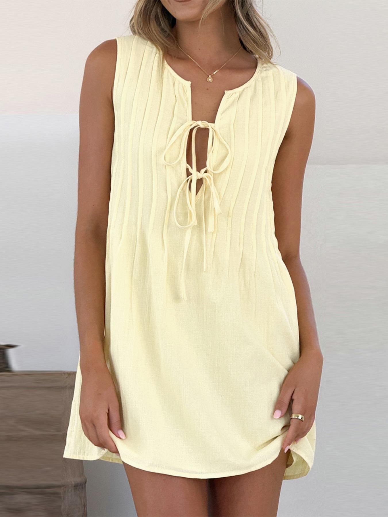 Women's Plain Tie Front Dress, Casual Sleeveless Linen Dress for Summer, Ladies Clothes for Daily Wear