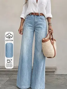 Women's High-Waisted Wide-Leg Denim Jeans, Vintage Light Blue Washed Loose Straight Leg Jeans, Y2K Streetwear for All Seasons
