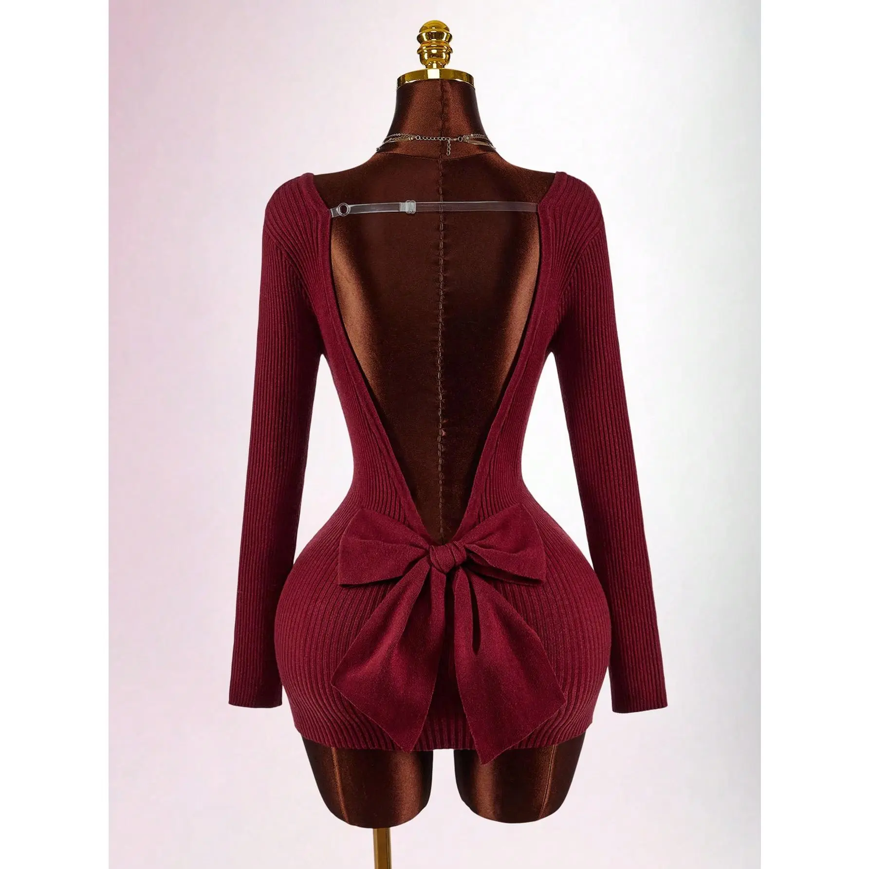 Women's Y2K Backless Bow Tie Mini Long Sleeve Dress,Burgundy Autumn Elegant Dinner Date Sweater New Year & Valentine's Day Christmas