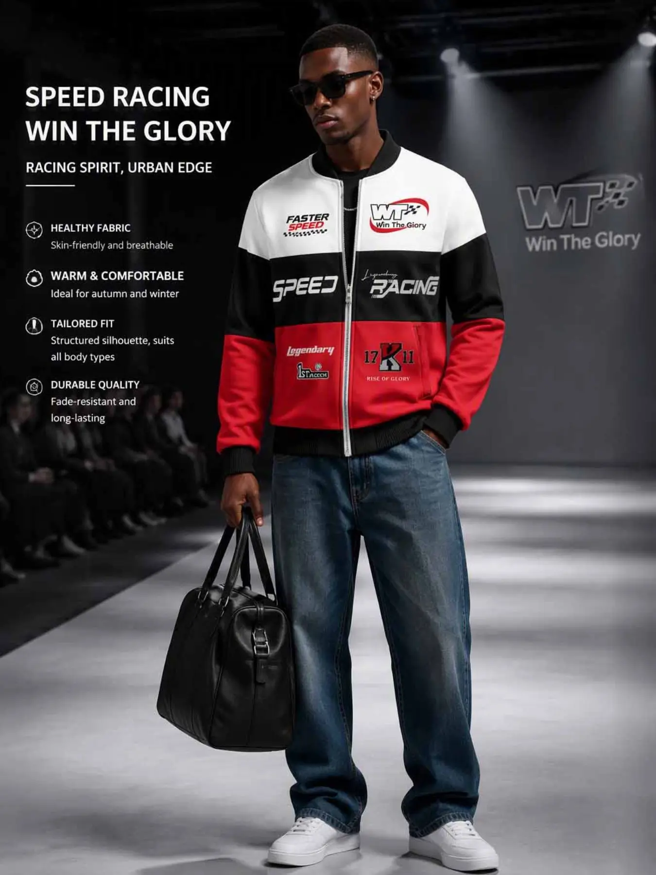 Men's Three-Color Block Motorcycle Racing Zipper Baseball Jacket, Retro Speed Racing Team Print, Windproof Streetwear Fall Winter Outerwear