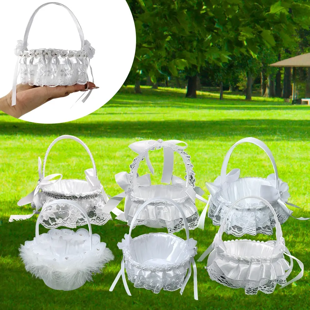 2pcs Flower Girl Wedding Basket, Elegant Lace Flower Basket, Plastic White Bridal Shower Prop, with Ruffled Trim and Bow Detail, for Wedding, Party Decor and Supplies