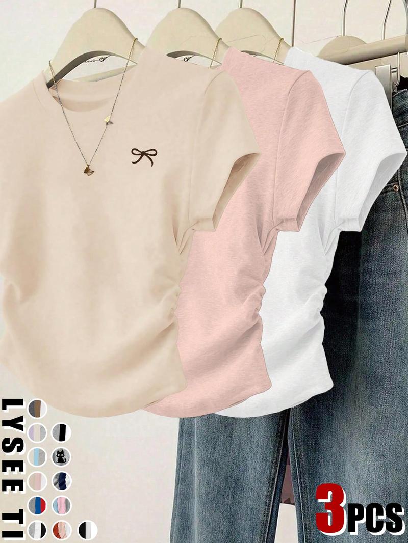 Women's Cat/Bow Print Tee, Casual Short-Sleeve Round-Neck T-Shirt for Daily Wear, Ladies' Clothes for All Seasons