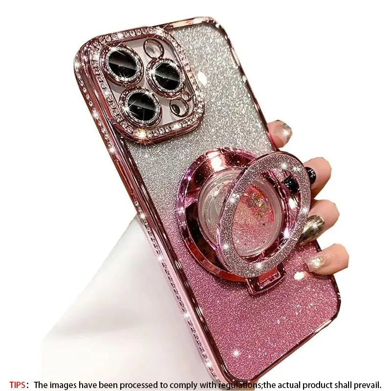Glitter Durable Phone Case with Ring Stand, TPU Soft Shell, Rhinestone Decor Phone Protective Cover, Mobile Phone Accessories Compatible with iPhone 17 16 15 14 13 12 11 Pro Max, Casing, Protector