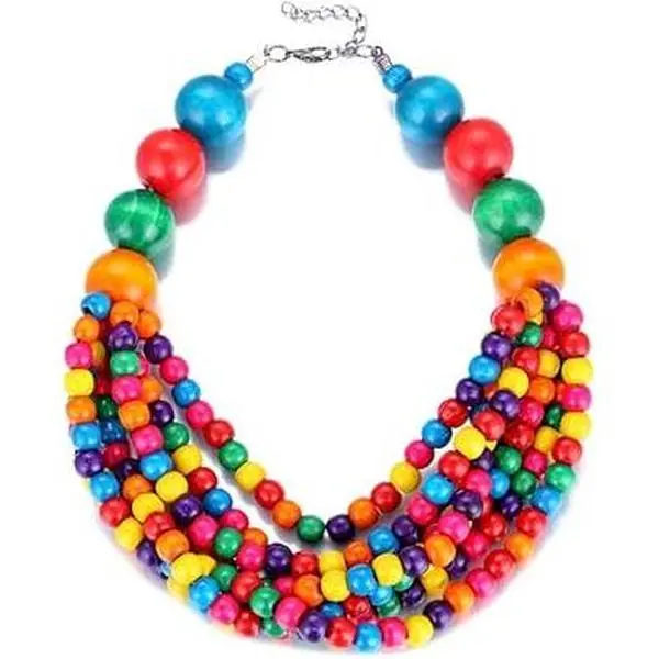 Boho African Wooden Beaded Strands Necklace Ethnic Layered Chunky Collar Choker Wood Necklace for Women Hip Hop Statement Jewelry