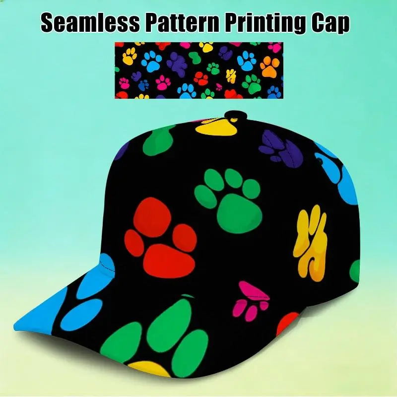 Playful Colorful Paw Prints All-Over Print Party Hat, Seamless Continuous Uninterrupted Pattern That Flows Across Seams, One Size Fits All in Mixed Bright Colors, Whimsical Accessory for Themed Parties and Festive Gatherings