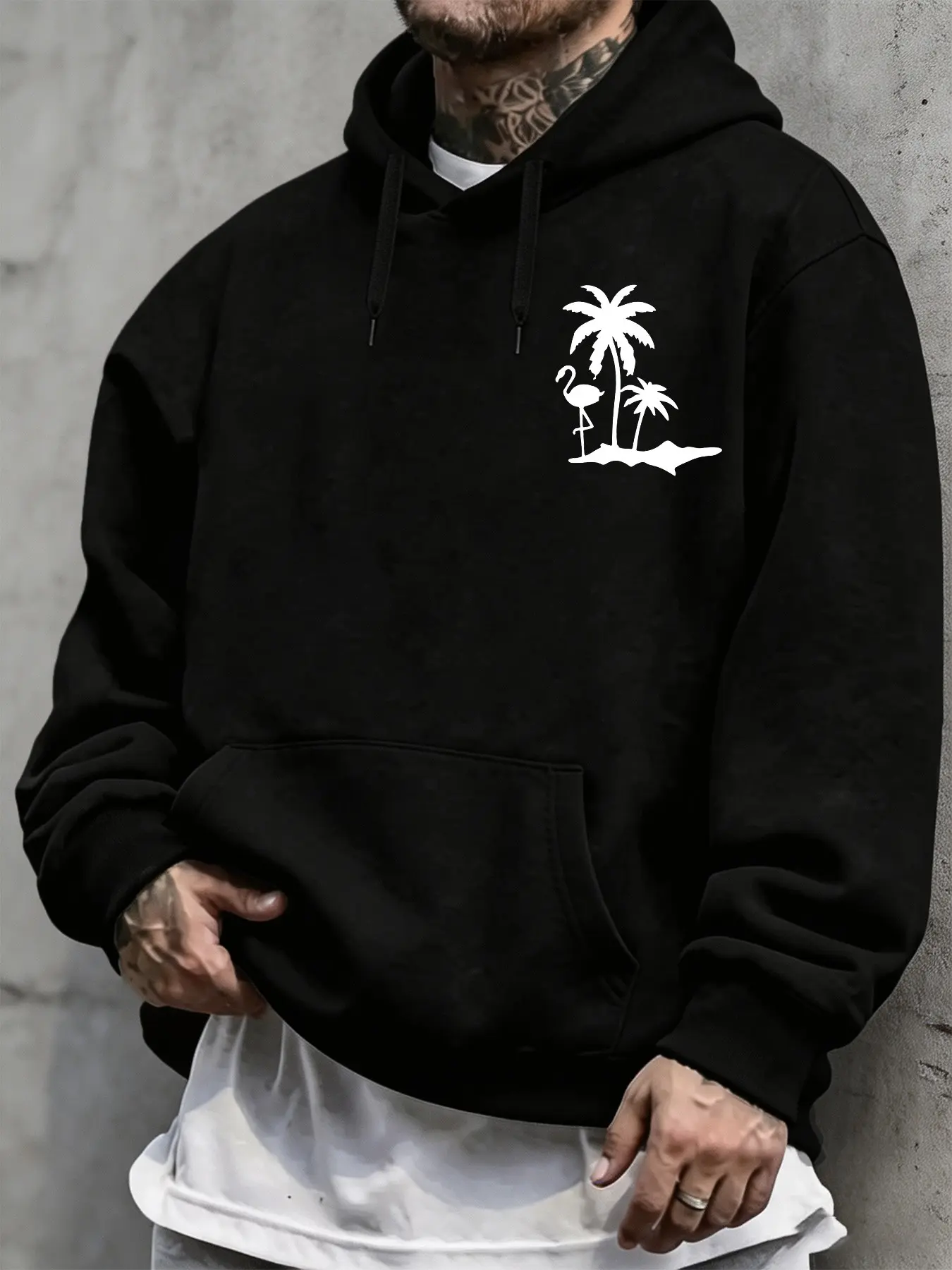 Tropical Island Palm & Flamingo Hoodie, Thick Soft Fleece Sweatshirt, Casual Loose-Fit, Beach Vibe Apparel, Travel Holiday Gift
