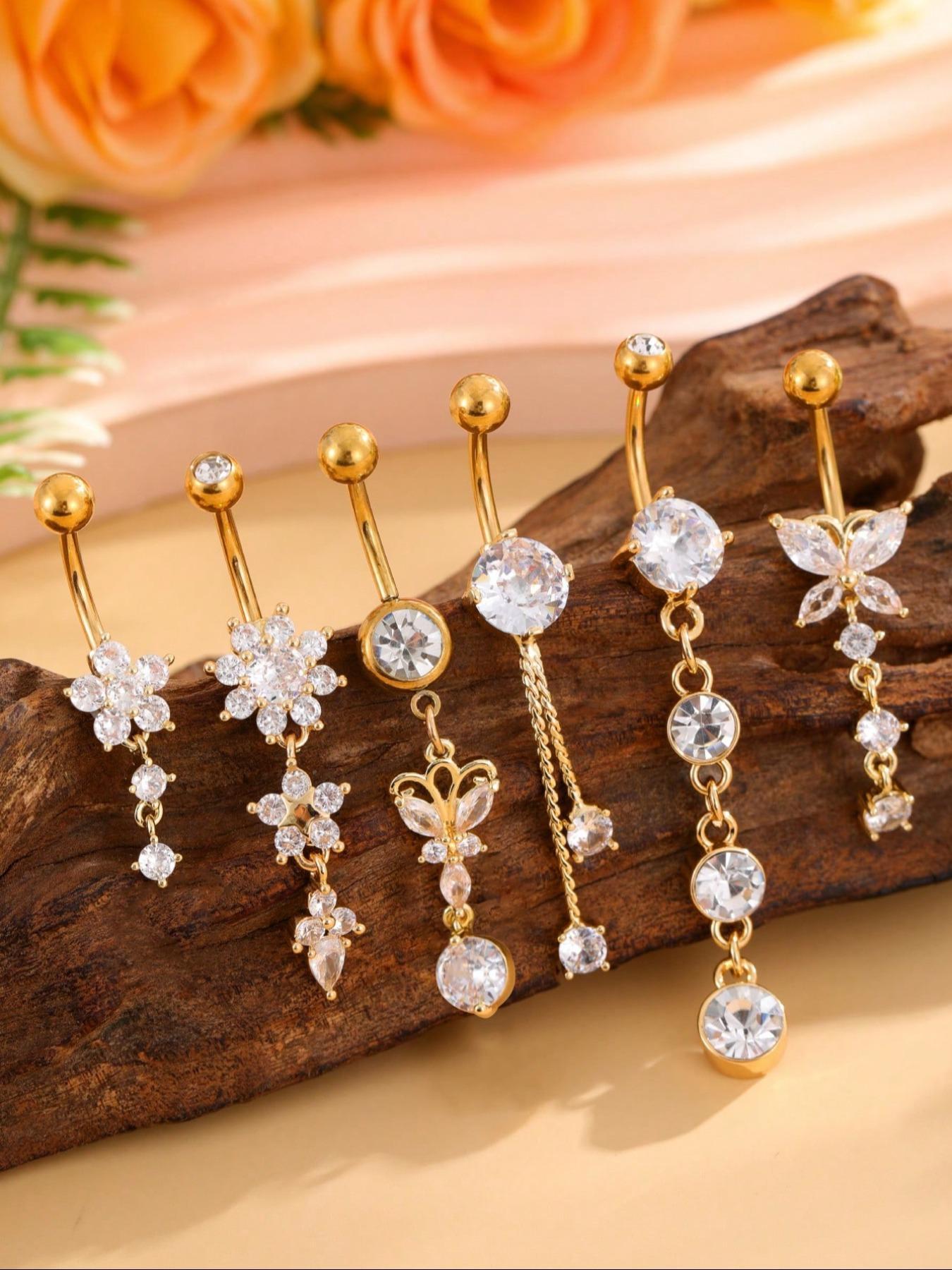 Women's Elegant Butterfly & Flower Design Belly Rings, Stainless Steel Belly Button Rings, Cute Trendy Belly Piercing Jewelry, Fashion Body Jewelry for Party & Daily Decor