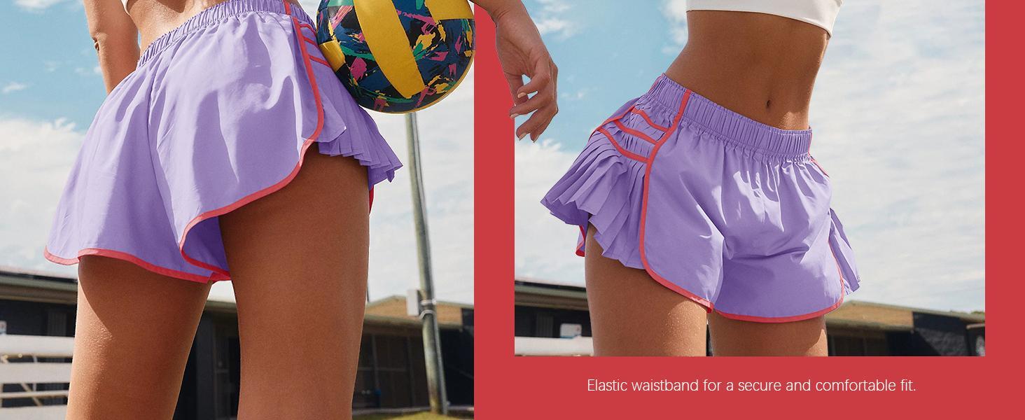 Imily Bela Womens Workout Gym Shorts Running Pleated Contrast Stitch Elastic Waist Athletic Quick Dry Shorts