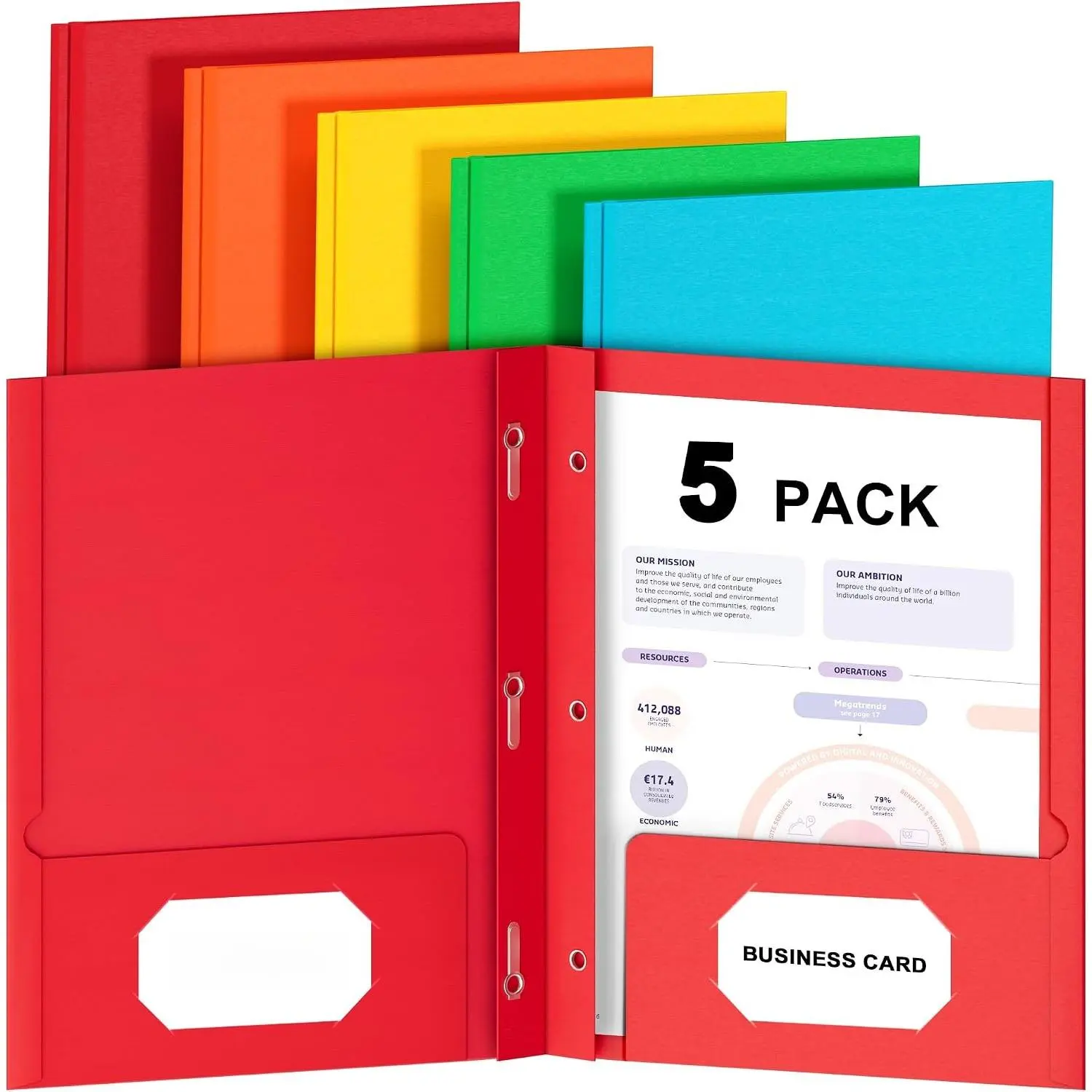 2 Pocket Folders with Prongs, 5 Pack Paper Folders with Pockets and Prongs | File Folders with Fasteners, Heavy Duty, Two Pocket 3 Prong Folders, for Office, School, Letter Size, 5 Bright Color