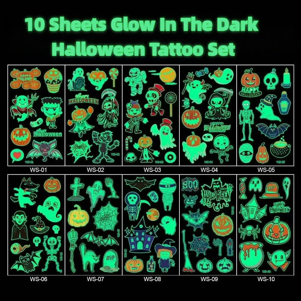 10 Sheets Luminous Halloween Kids Temporary Tattoos, Long Lasting Non-Toxic Low Allergy Waterproof Body Stickers For Children 6-12 Years Old Holiday Dress Up