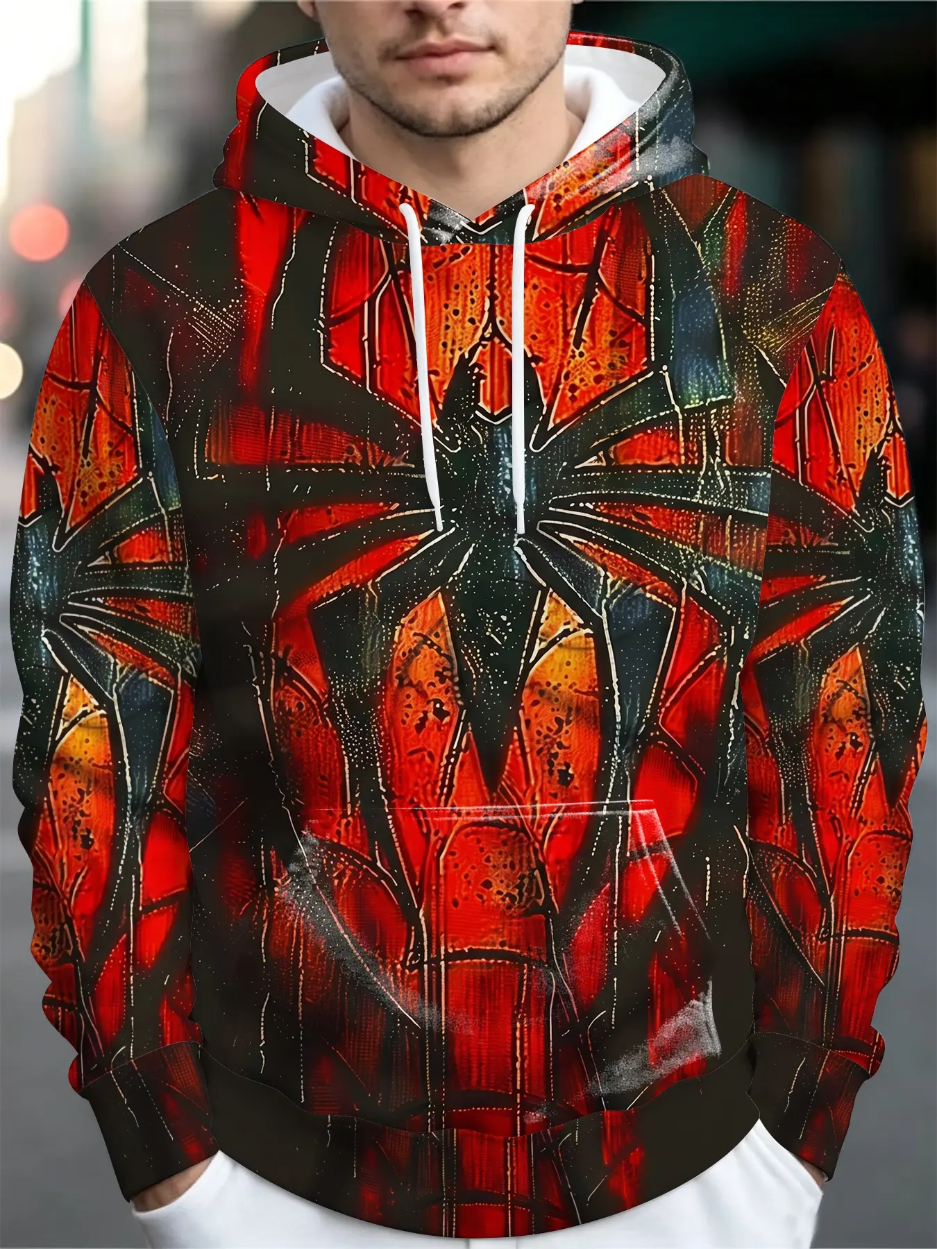 Vintage Distressed Spider-Man Web Print Hoodie, Loose-Fit Pullover Hooded Sweatshirt for Trendy Men