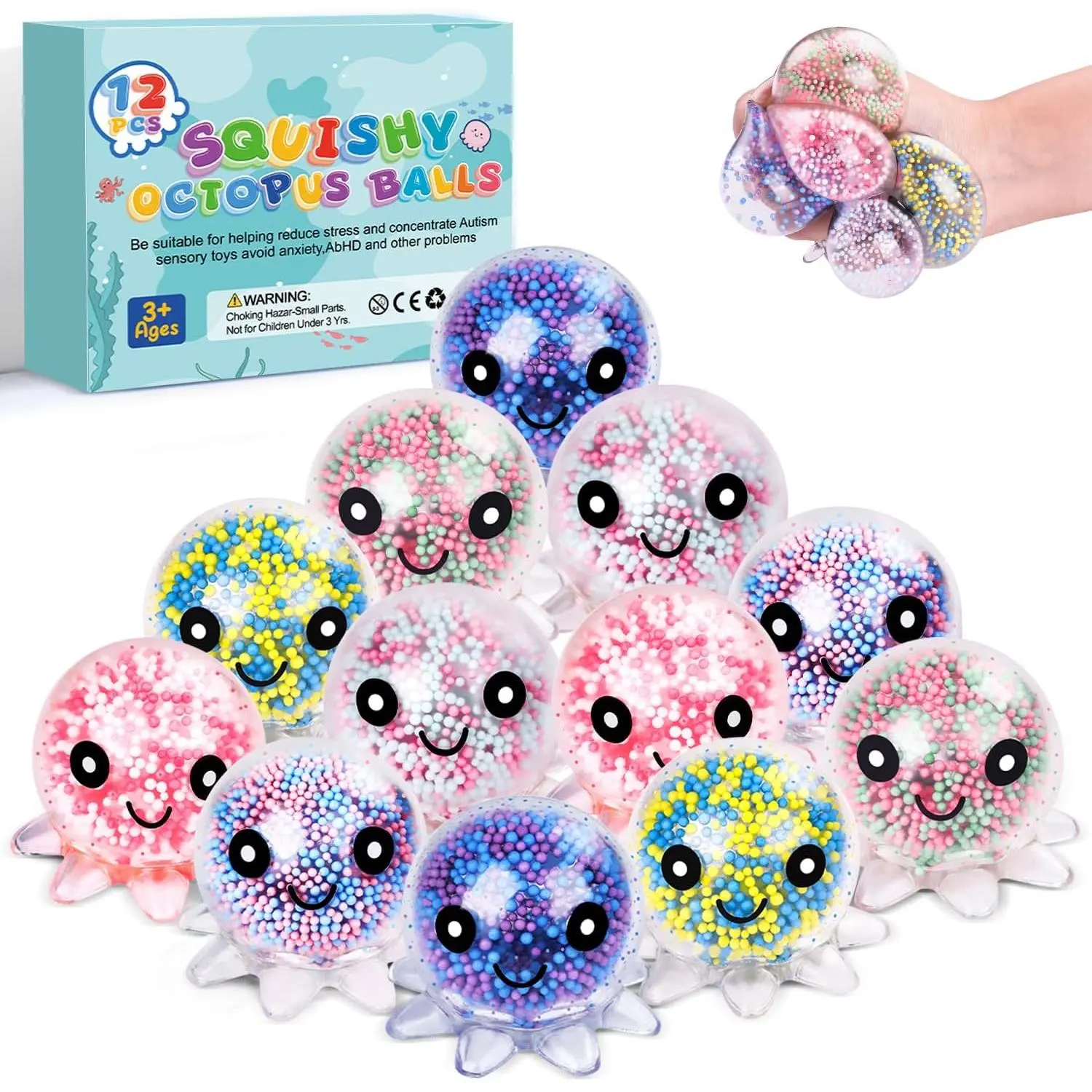 12 Pack Fidget Stress Balls for Adults, Cute Octop Stress Sensory Stress Ball, Bulk Squishy Squeeze Ball Toys Set for Classroom Prizes and Birthday Party Favors