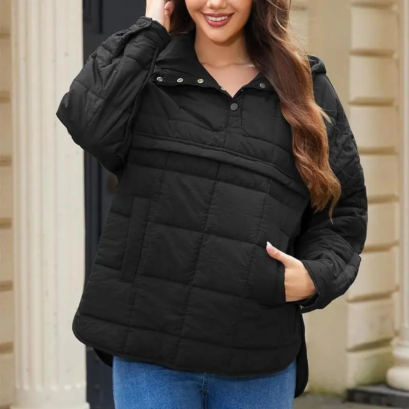 Women's Oversized Pullover Puffer Jacket Long Sleeve Hooded Lightweight Warm Quilted Hoodies Coat Tops Casual Womenswear