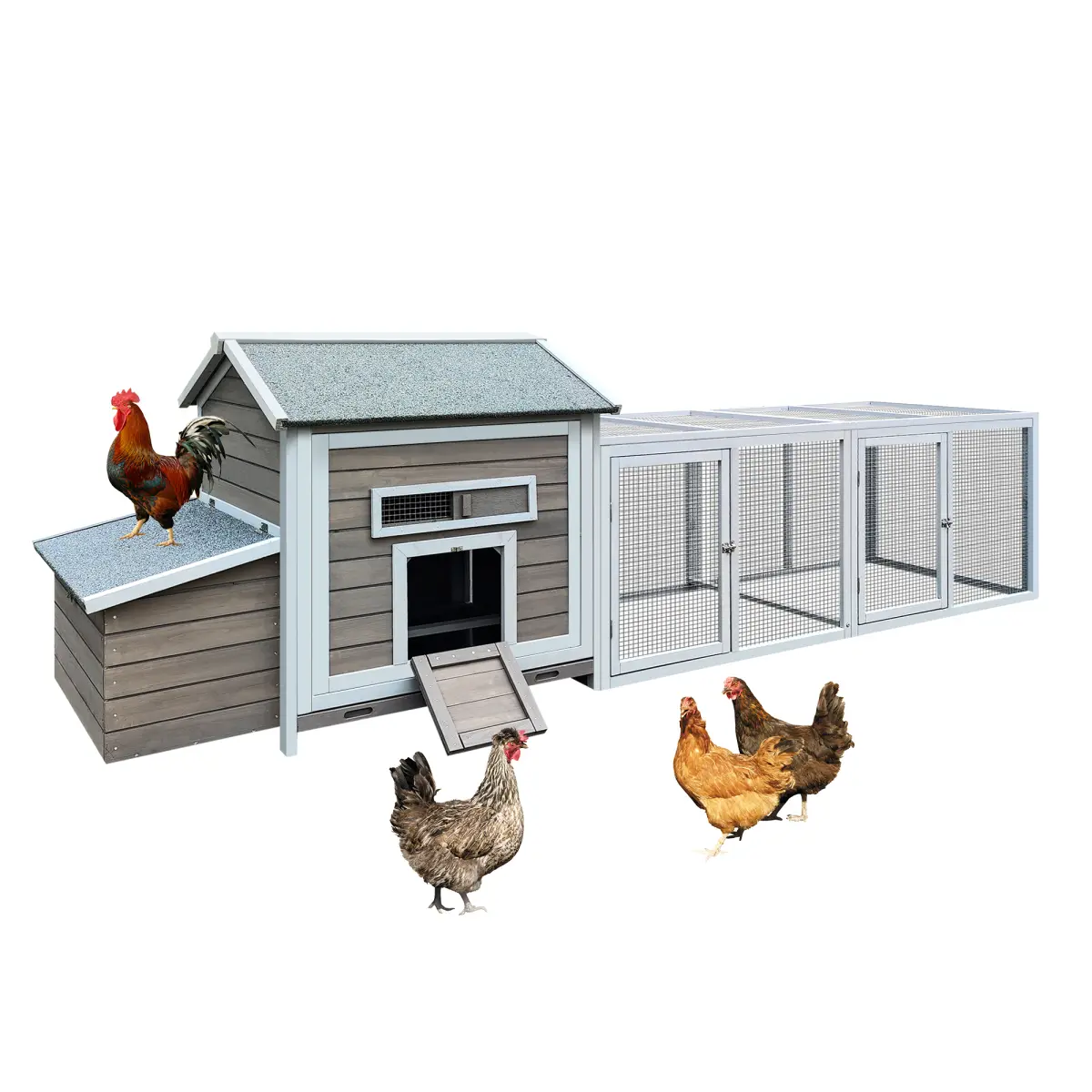 Large Scale Wood Chicken Coop (118in L*27.6in W*36.6in H, 58.42 lbs) - Single Unit Poultry Cage with Weatherproof Durable Asphalt Roof, Pull-Out Removable Waste Tray, Dual-Compartment Side Nesting Box, Vent Windows, Free-Range Access Door, Back Air Vents
