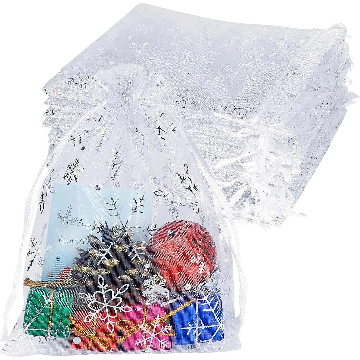 100 count Snowflake Organza Bags Christmas 5x7 inch, White Drawstring Mesh  Pouches for  Candy Party Favor