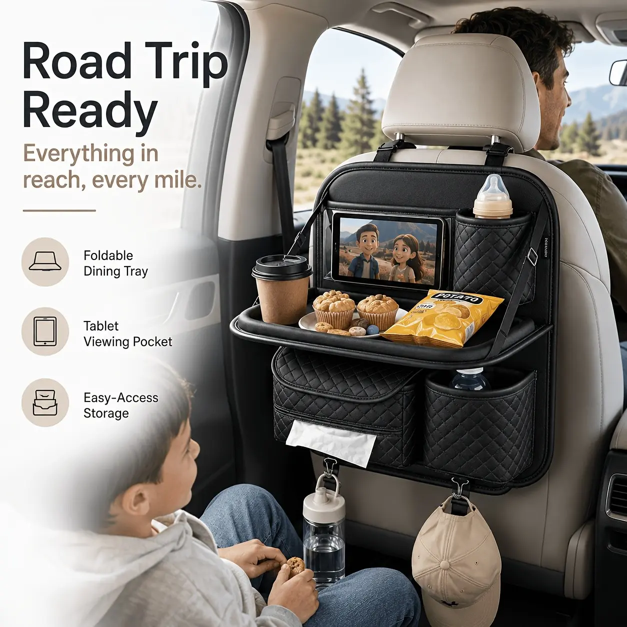 Car Rear Seat Storage Box with Foldable Tray, Multi-Functional Backseat Organizer for Water Bottles, Tablets, Napkins, Ideal for Travel and Home Use