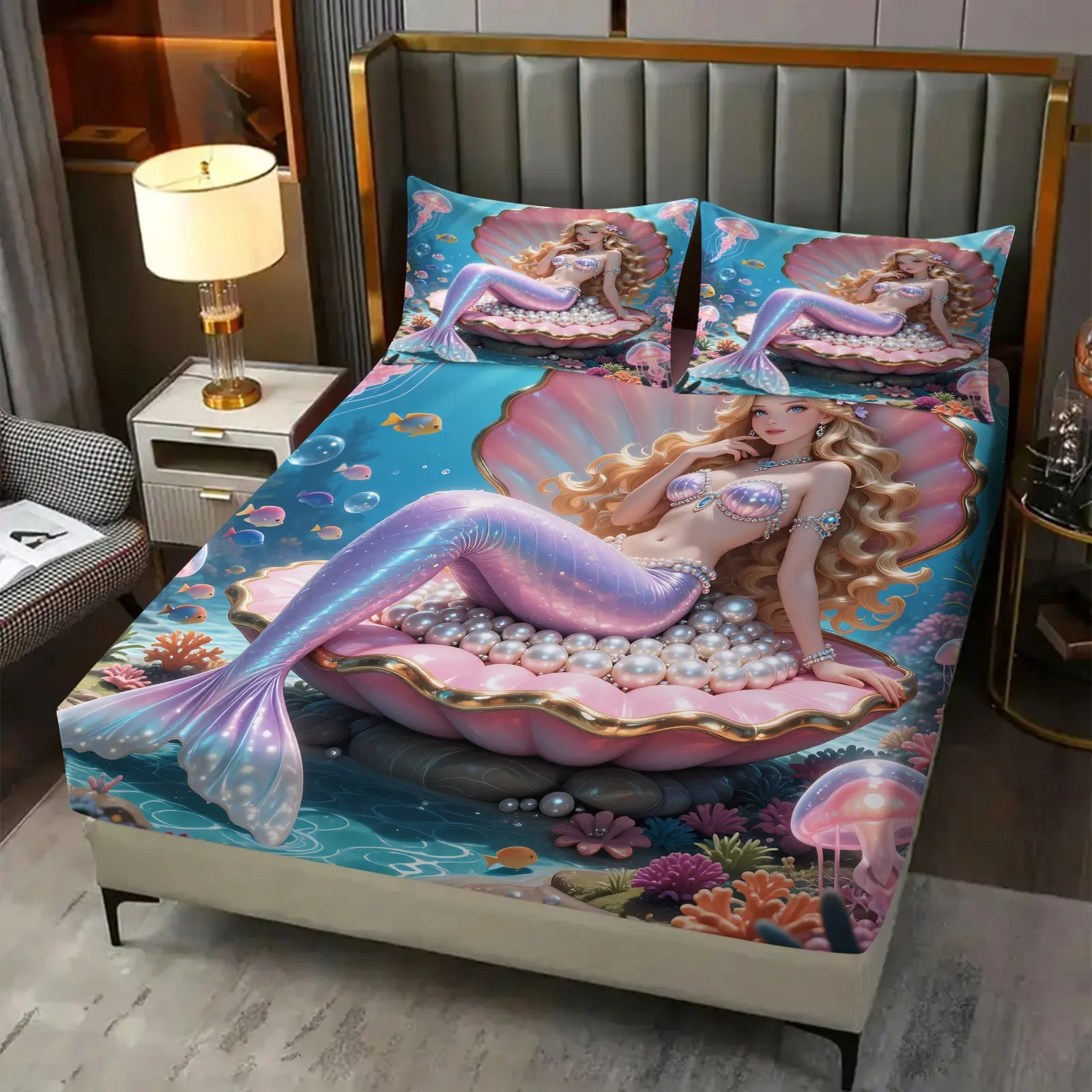 3PcsHealing Dreamy Underwater Mermaid Trendy Printed Fitted Sheet Set, Machine Washable Skin-friendly Fabric, Mattress Protection Design, Suitable for Kids Room, Girls Bedrooms & Dorms, All-season Bedroom Decor (Pillow Covers Not Included)