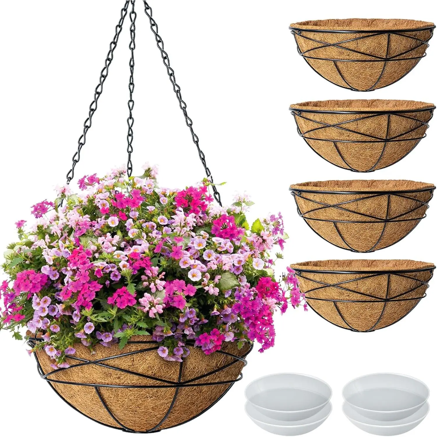 4 Pack Hanging Flower Baskets for Outdoor Plants Large Metal Wire Planters with Coco Liner Pot
