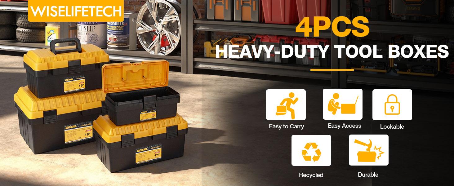 4 Pack Tool Box Toolbox with Removable Trays & Dividers,Lockable Box 13"15"17"19"Organizers for Workshop Jobsite Home Hand Craft