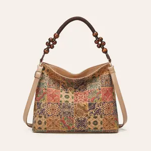 Multi-element vintage-style cork handbag, shoulder and crossbody bag