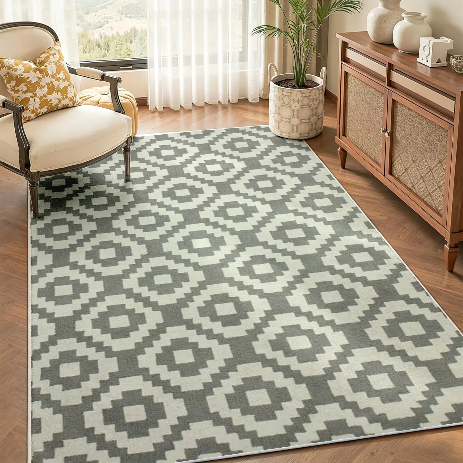 Grey Aztec Geometric Washable 8x10 Area Rugs for Living Room, Bedroom, Office, Grey and Cream Tumble Stain Resistant Non Slip Large Washable Carpet (Various Sizes)